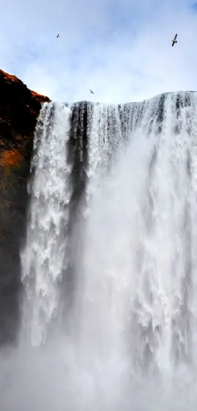 Majestic waterfall with birds above and rocky cliffs, perfect for mobile wallpaper.