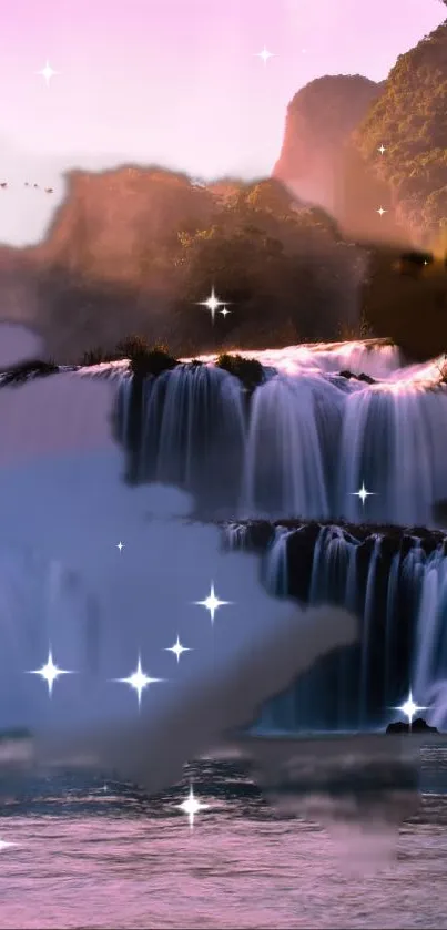 Majestic waterfall amid lush greens and pink skies, ideal for serene mobile backgrounds.