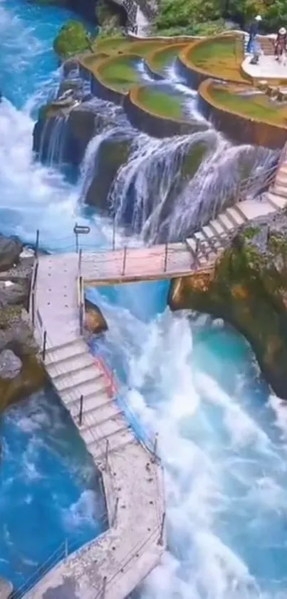 A scenic waterfall pathway with crystal blue waters and lush greenery.