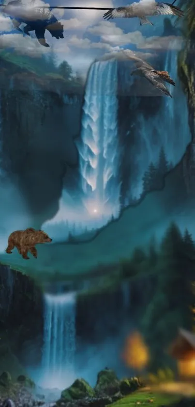 Majestic waterfall and forest wallpaper with birds and bear.
