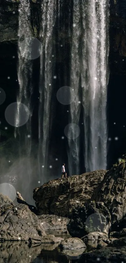 Majestic waterfall cascading over rocks in serene natural setting.