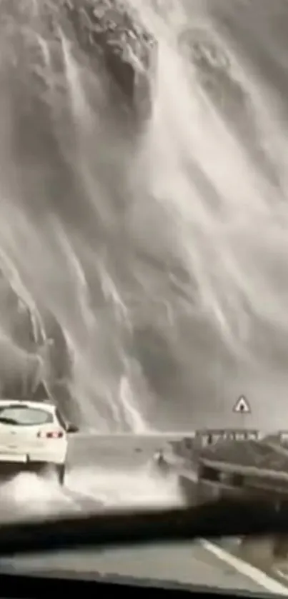 Car driving beside a majestic waterfall cascading down rocky cliffs.