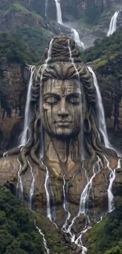 Majestic waterfall sculpture in lush landscape.