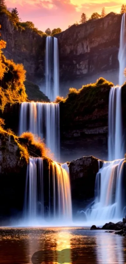 Majestic multi-tier waterfall at sunset.