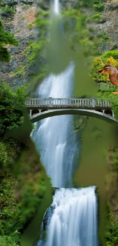 Lush green waterfall landscape with bridge.