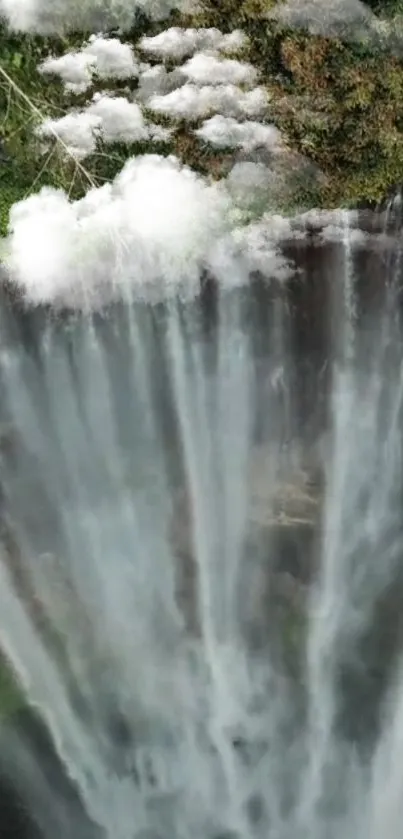 Majestic waterfall with lush greenery and clouds.