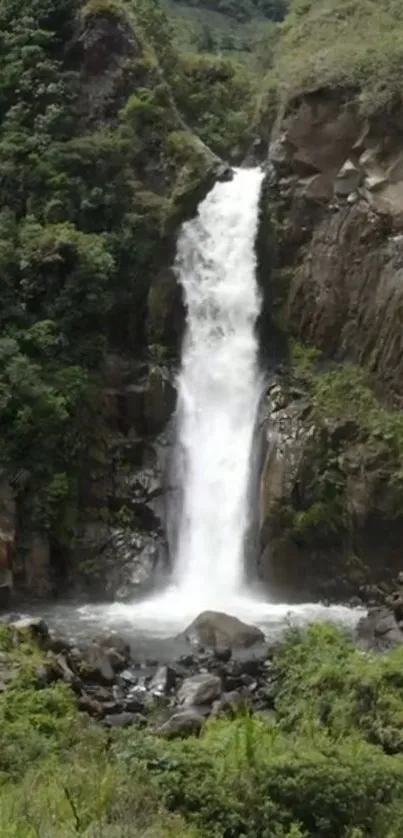 Waterfall flowing through lush forest setting with rocky terrain.