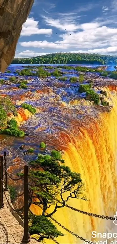 Vivid orange waterfall with lush greens and vibrant blues.