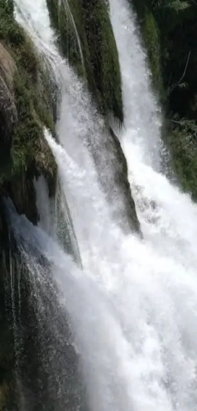 Majestic waterfall cascading through lush green surroundings.