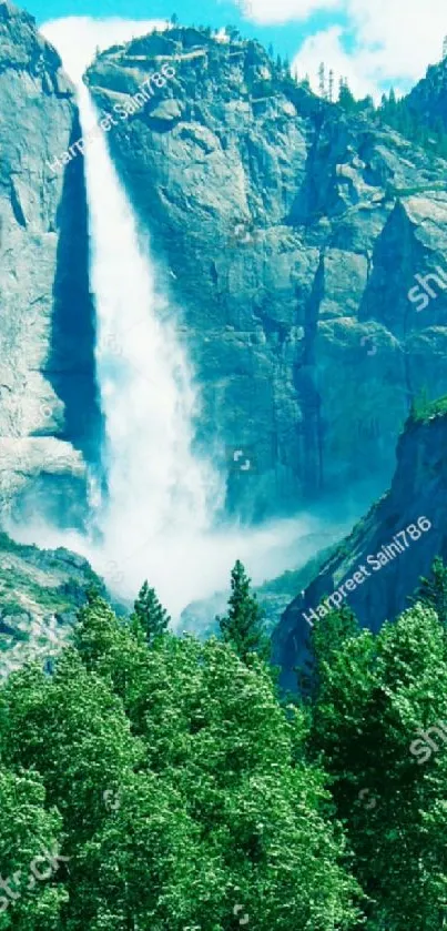 Majestic waterfall with lush greenery and mountains under clear blue sky.