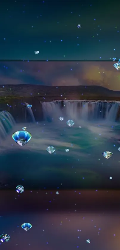 Mystical waterfall and sparkling crystals on a serene background.