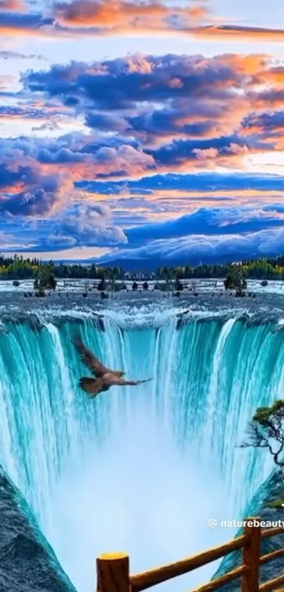 Eagle soaring over a majestic waterfall at sunset.