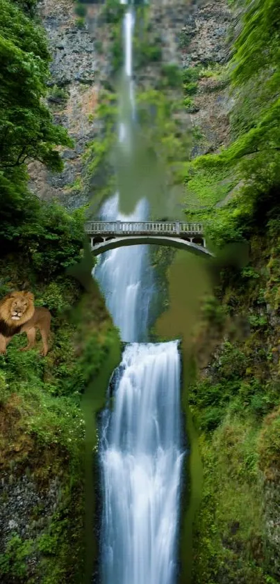 Majestic waterfall with a lion beside a bridge and lush greenery.