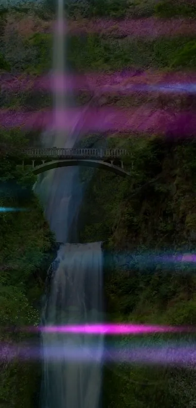 Waterfall with neon beams and bridge in vibrant nature scene.