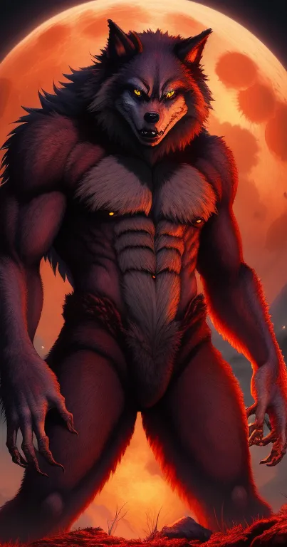 Majestic werewolf standing under a full moon with a fiery red glow.