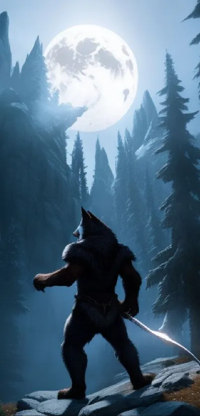 Werewolf under a full moon in a dark forest.