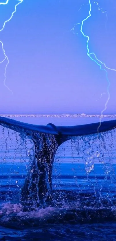 Whale tail and lightning in a vibrant blue ocean scene.