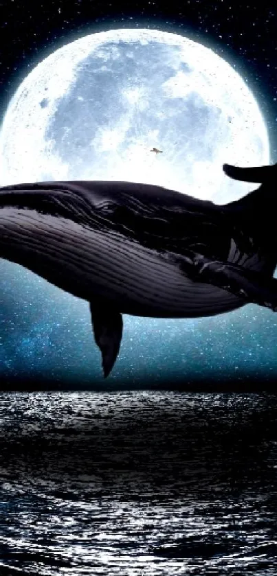 Whale jumping with moonlit ocean backdrop.