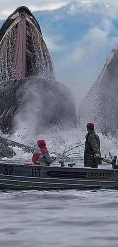 Whale breaches near a boat in ocean.