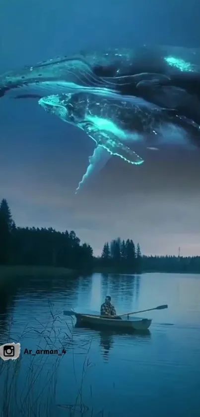 Surreal lake view with whales floating in the night sky, enhancing fantasy feel.