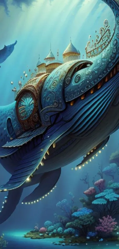 Fantasy whale with intricate designs underwater.