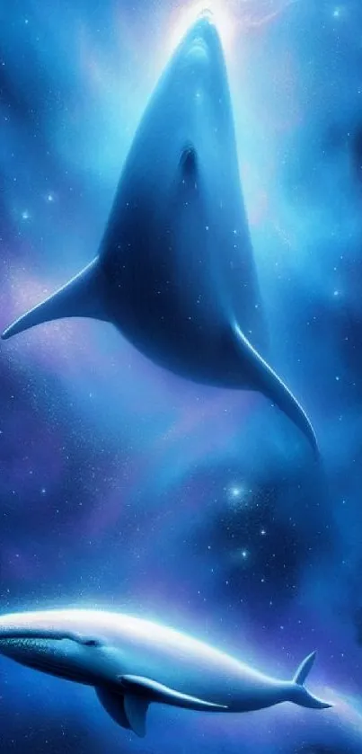 Ethereal whales swim in a galaxy-themed mobile wallpaper with dark blue tones.