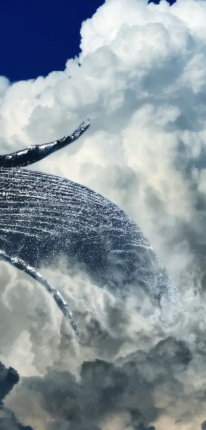 Whale flying through clouds, surreal art.