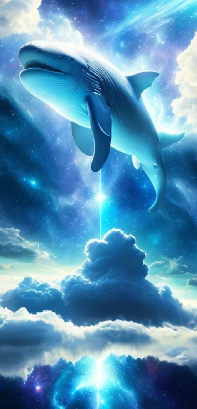 Majestic whale soaring in a cosmic, starry sky with vibrant blue hues.