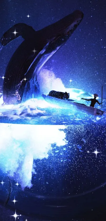 Surreal whale leaping into a galaxy-filled night sky.