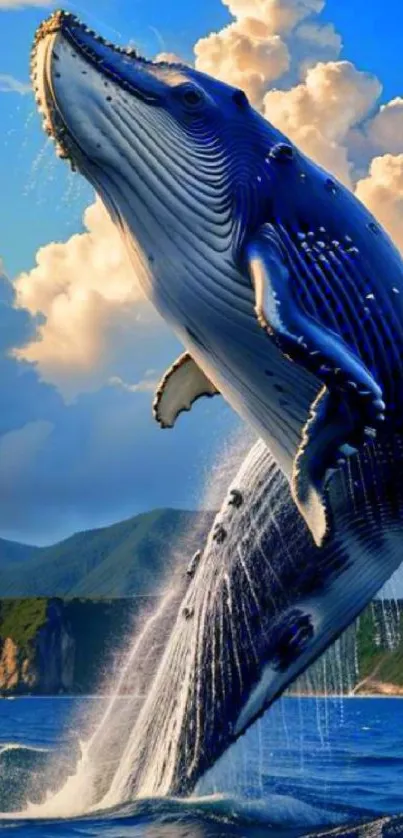 Blue whale leaps majestically over ocean waves.