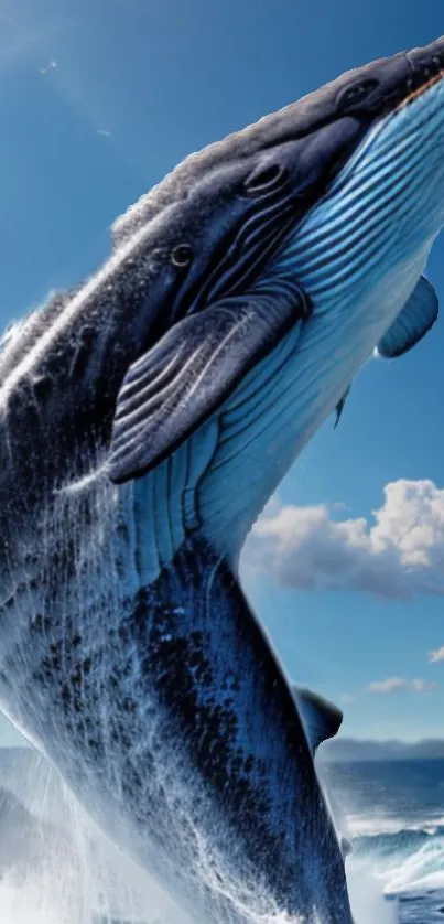 A majestic whale leaping from the blue ocean set against a sunny sky.