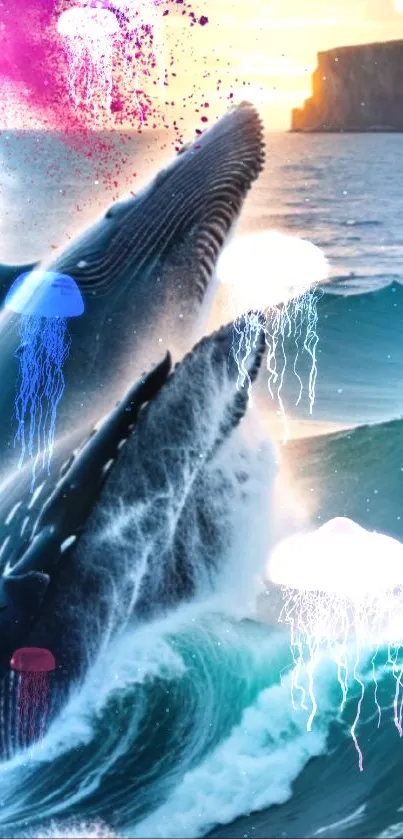 Whale leaping in ocean with jellyfish background.