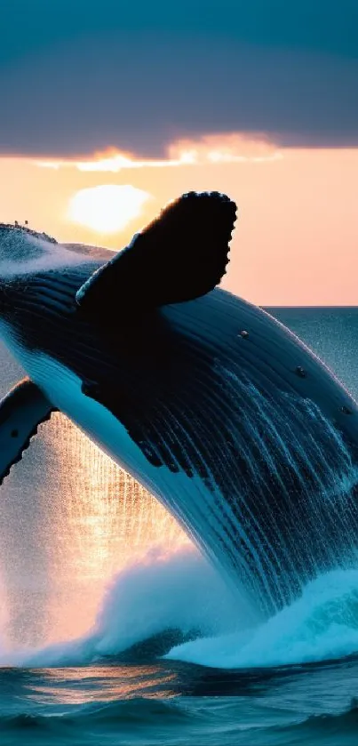 Whale leaping from ocean at sunset with vibrant colors and splashing waves.