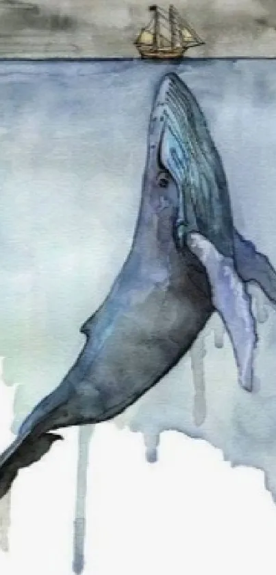 Watercolor art of a whale with a ship in the background.