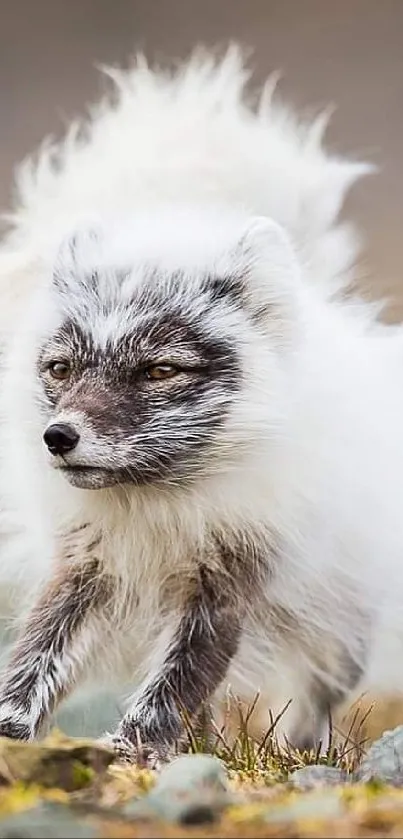 Majestic white Arctic fox in natural habitat, showcasing stunning wildlife beauty.