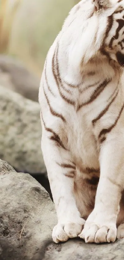 Majestic White Bengal Tiger on rocks, displaying elegant stripes.