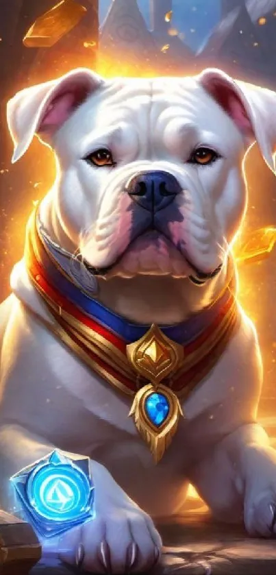 Majestic white bulldog in a fantasy setting with golden accents.