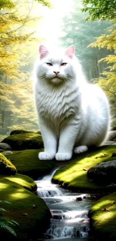 Majestic white cat sits serenely in a lush green forest landscape.