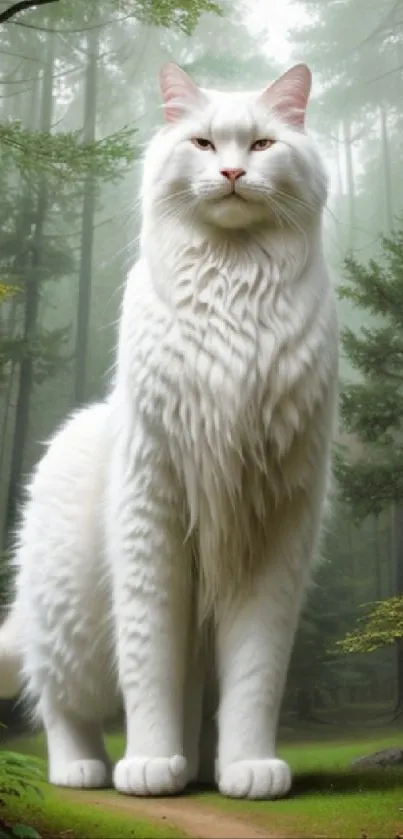 Majestic white cat standing in a lush forest with a serene backdrop.