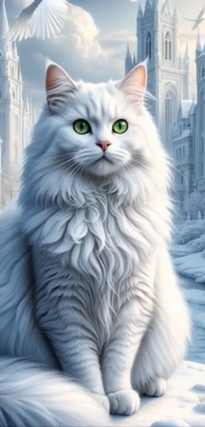 Majestic white cat with green eyes in a snowy, enchanted castle setting.