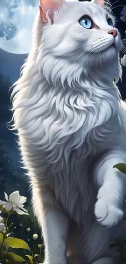 Majestic white cat under moonlit sky with daisies around.