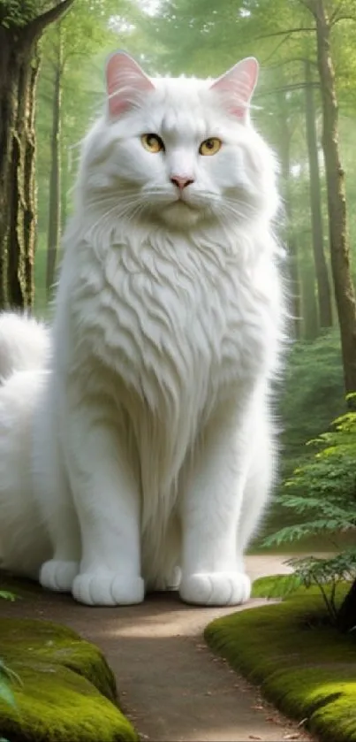 Majestic white cat standing in a lush green forest pathway.