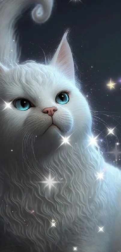 Majestic white cat with blue eyes and a starry background on mobile wallpaper.