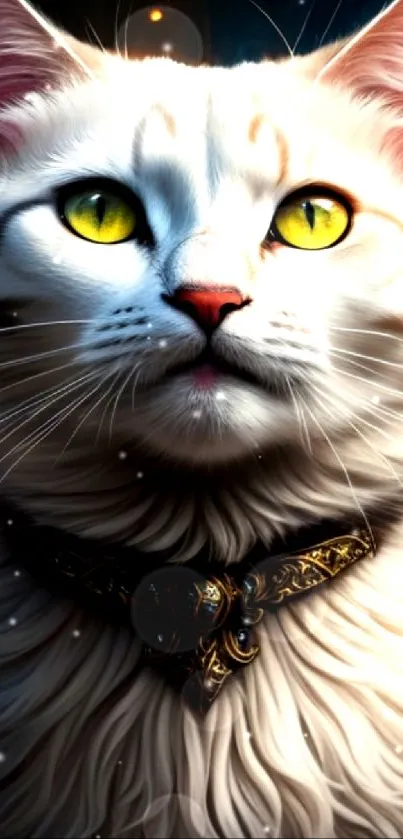 Majestic white cat with yellow eyes and golden collar on fiery background.