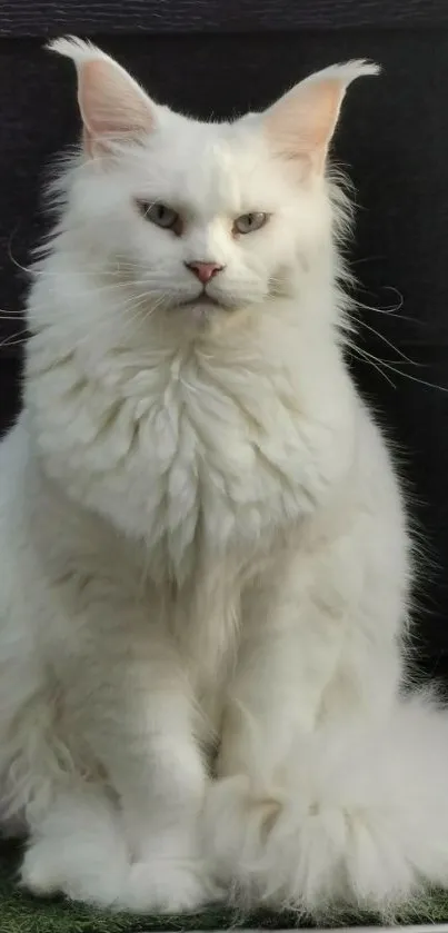 Majestic white cat with fluffy fur on a dark background.