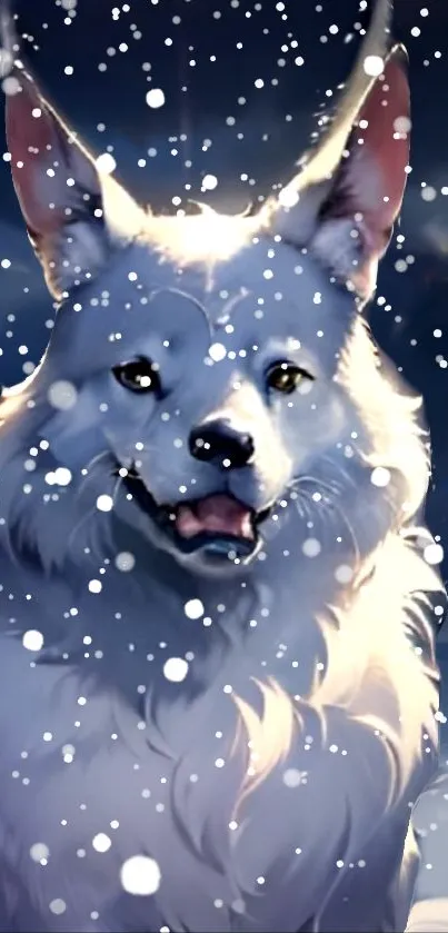 Majestic white dog in snowflakes under a dark blue winter sky.