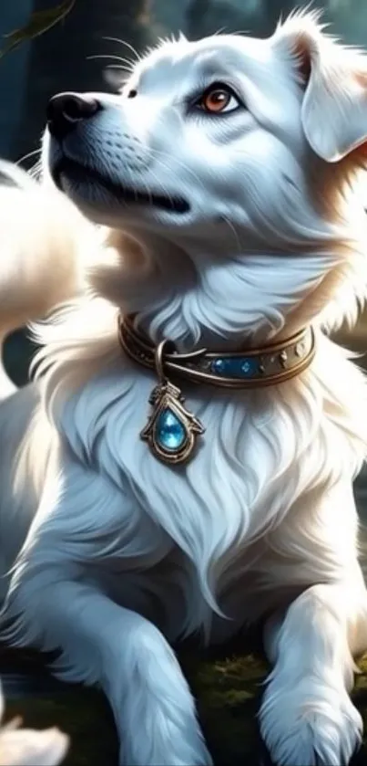 Majestic white dog with a jewel necklace in a fantasy setting.