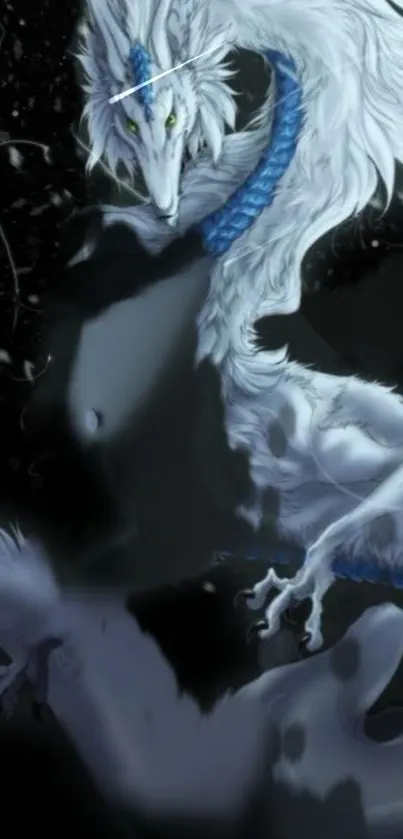 Majestic white dragon with blue details on a dark background.