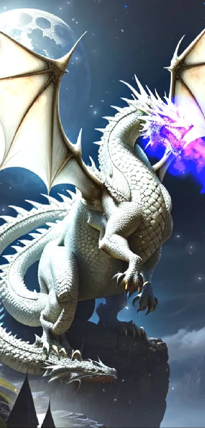 White dragon flying in a moonlit sky above a dark landscape.