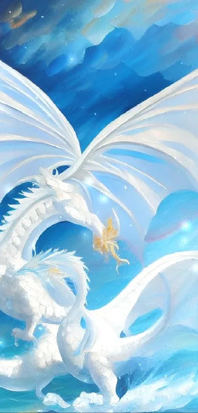 White dragon soaring against a vibrant blue sky with golden light.